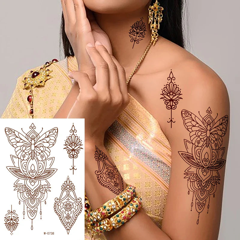 sengpan Waterproof Temporary Brown Henna Tattoo Stickers Chest Lace Mandala Henna Tattoos for Women Diamond Flower Body Art Fake Tatoo