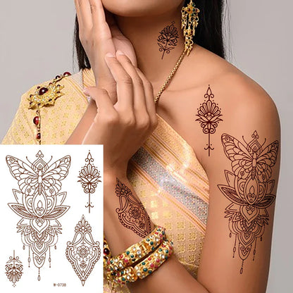 sengpan Waterproof Temporary Brown Henna Tattoo Stickers Chest Lace Mandala Henna Tattoos for Women Diamond Flower Body Art Fake Tatoo