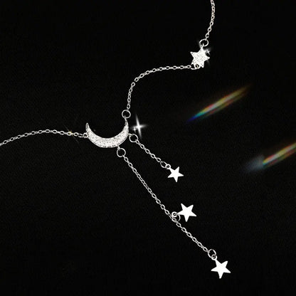 Lianfudai 2024 Exquisite Bling Silver Color Tassel Star Moon Necklace For Women Clavicle Chain Woman Jewelry Birthday Gift Accessories