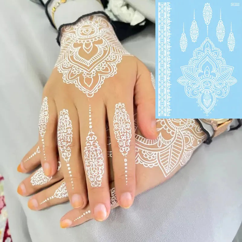 sengpan White Henna Lace Temporary Tattoos For Women Henna Design Stickers for Hand Hena Tattoo Waterproof Wedding Decoration