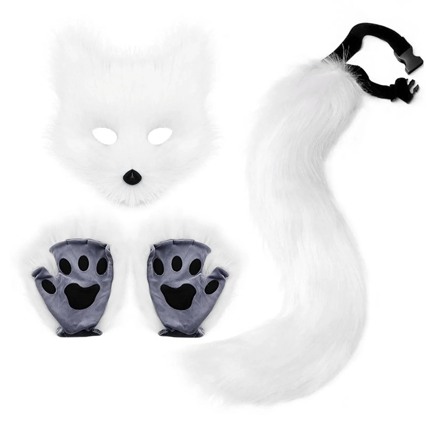 sengpan Fluffy Fur Fox Tail Keychain Cat Paws Gloves and Wolf Therian Mask Set for Halloween Cosplay Costume Accessories