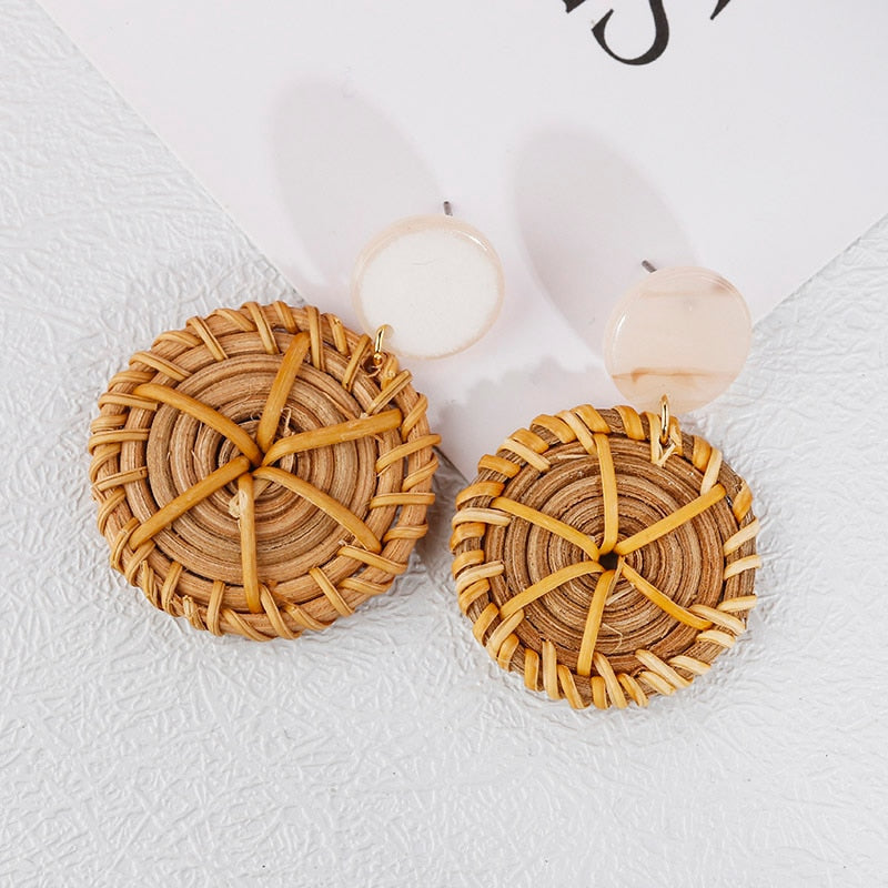 sengpan Multiple 27 Style Korea Handmade Wooden Straw Weave Rattan Vine Braid Drop Earrings New Fashion Geometric Long Earrings