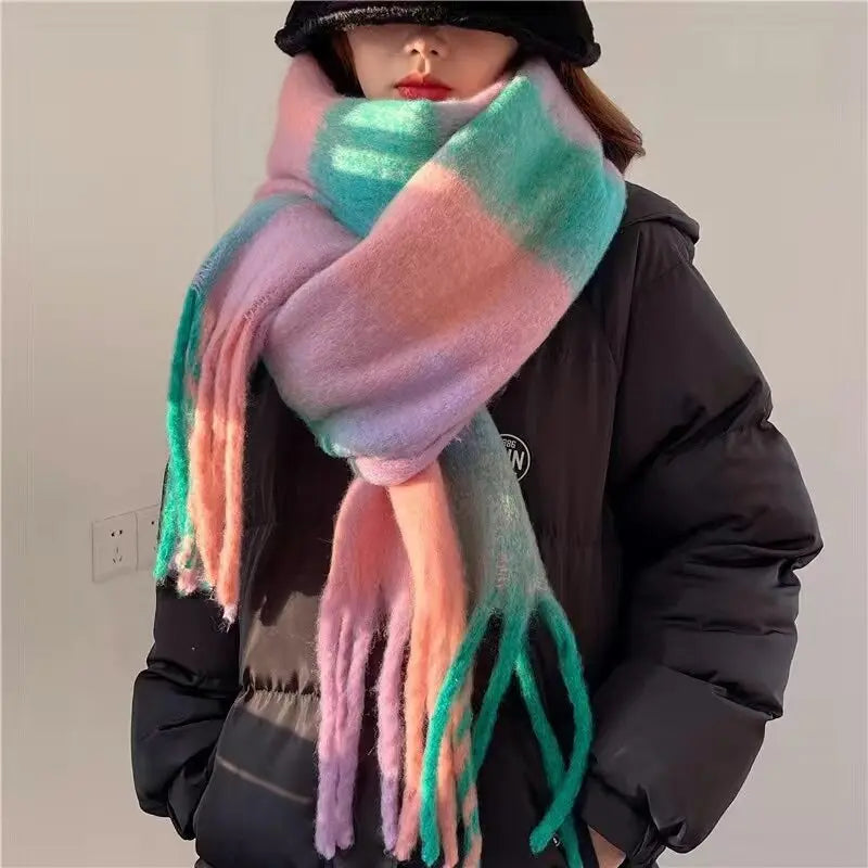 sengpan Retro Imitation Cashmere Scarf Winter Women Fashion Green Mohair Striped Scarves Korean Classic Thicken Warm Soft Shawl