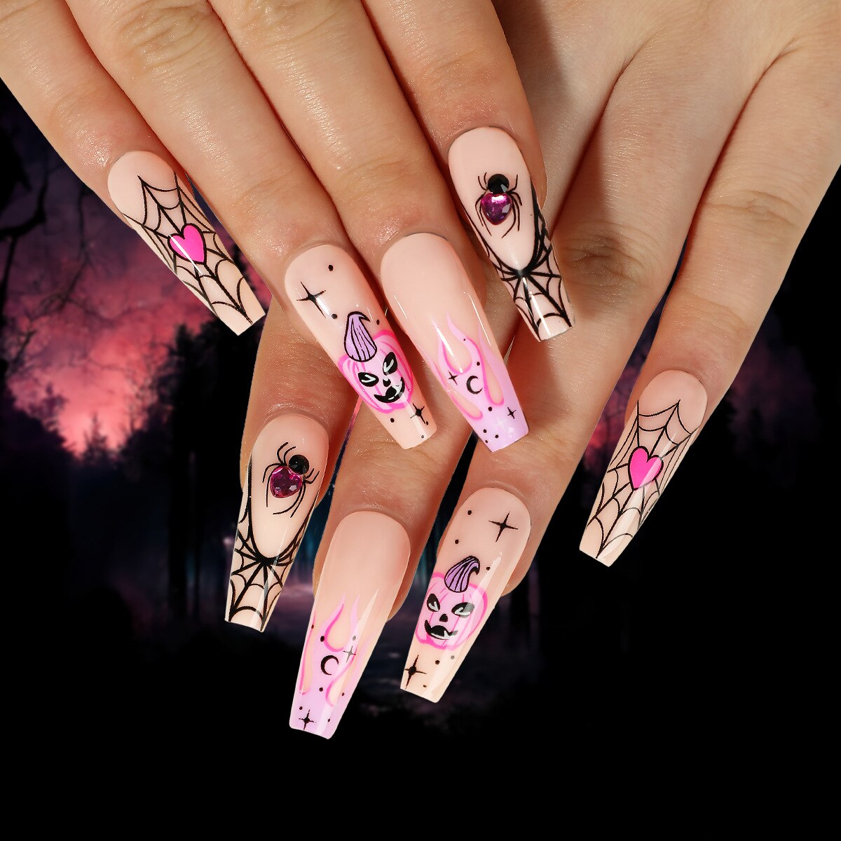 sengpan 24Pcs Halloween False Nails Long Ballet Fake Nails with Ghost Cobweb Design Pink French Coffin Full Cover Press on Nail Tips