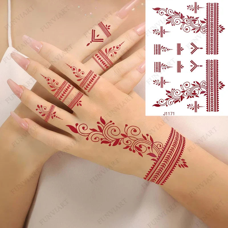 sengpan Red-brown Henna Tattoo Stickers Temporary Tattoos for Women Mandala Mehndi Stickers for Hand Women's Body Protection Fake Tattoo