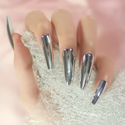 sengpan Silver Coffin Fake Nails Long Ballet Metallic False Nail Tips Solid Color Mirror Press On Nails Art Manicure At Home Salon Tools