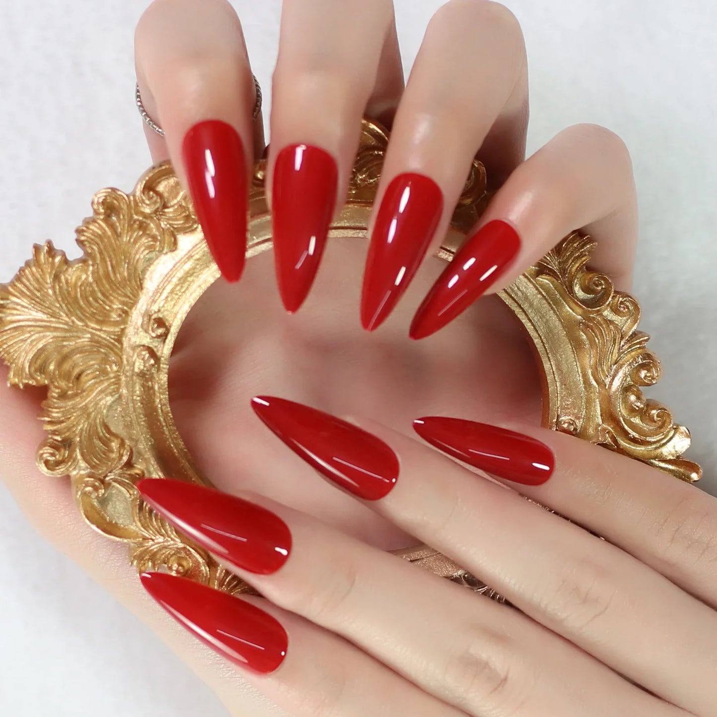 sengpan Stiletto Mirror Red Light Gossy Red Color Fingernails Sharp Fake Nails Art Medium Size Press On Nails Wholesale With Tabs