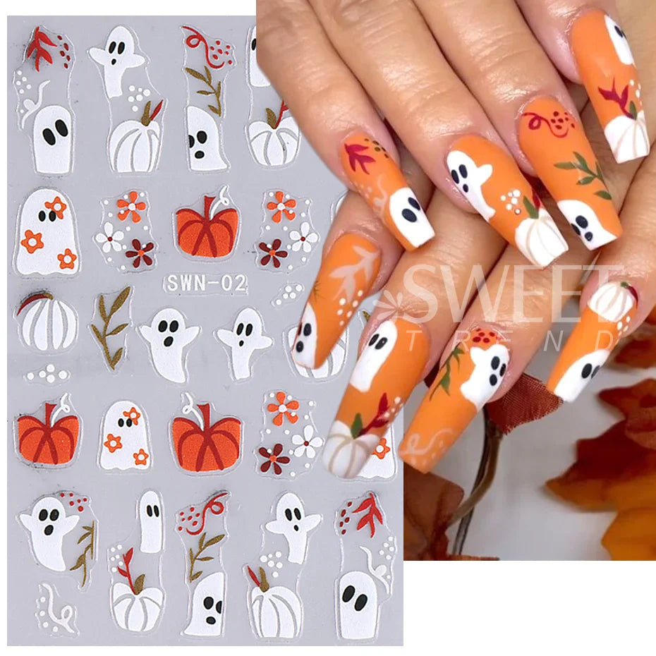 sengpan 3D Halloween Nail Stickers Cartoon Mummy Bandages Ghost Eyes Pumpkin Spider Web Blood Drops DIY Winter Matte Nail Art Decoration