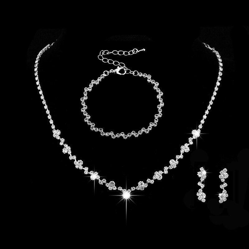 sengpan Silver Color Simple Crystal Bridal Jewelry Sets Long Drop Necklace Earrings Bracelet Set for Women Wedding Jewelry Sets