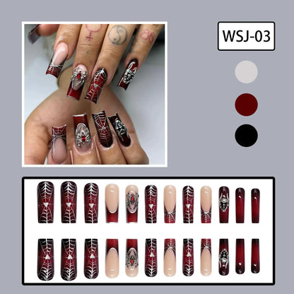 sengpan 24pcs French Black Press on Nails Punk Style 3D Spider Skull Design Fake Nails Black Red Cool Y2k Halloween False Nail Patches