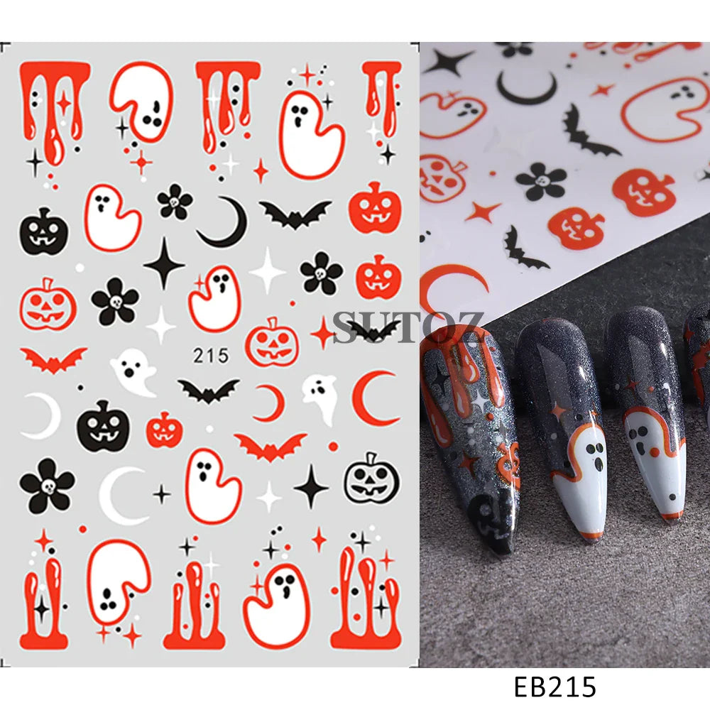 sengpan 5D Embossed Ghost Nail Art Stickers Halloween Cartoon Pumpkin Skull Nail Decals Spider Web Daisy Sliders For Manicure NTJI-5D131