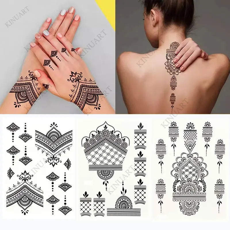 sengpan Black Henna Temporary Tattoos Lace Flower Mehndi Tattoo Sticker for Women Wedding Waterproof Fake Tattoo Festival Body Art Hena