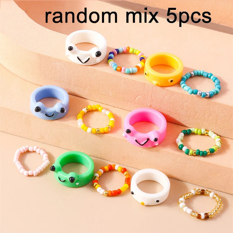 sengpan Korean Colorful Small Flower Ring Sets Bohemia Handmade Multi Beaded Rice Beads Finger Ring For Women Beach Jewelry Gifts