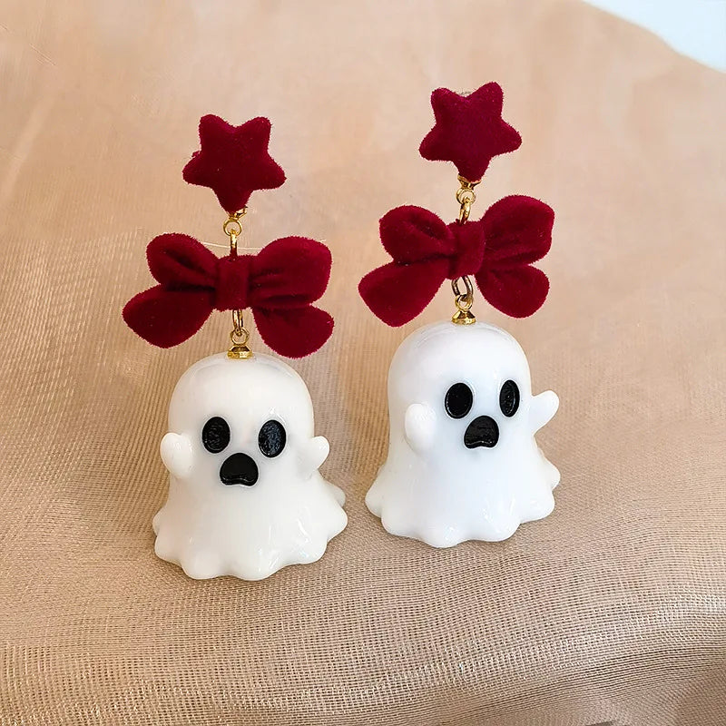 sengpan Fancy Resin Halloween Ghost Drop Earrings For Women Red Bowknot Flannel Ghost Dangle Earring Christmas Festival Party Jewelry