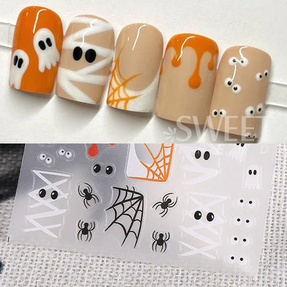 sengpan 3D Halloween Nail Stickers Cartoon Mummy Bandages Ghost Eyes Pumpkin Spider Web Blood Drops DIY Winter Matte Nail Art Decoration