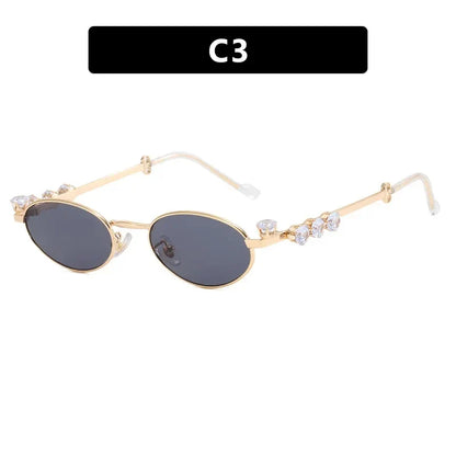 Lianfudai Metal Oval Shades Women Men Rhinestone Diamonds Sunglasses 2024 Unisex Bling Eyeglasses Frames  Uv400 Fashion Eyewear Glasses