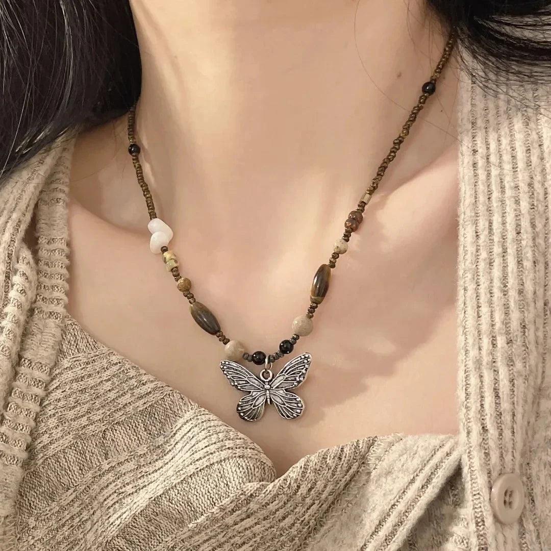 Lianfudai New Chinese style beaded butterfly necklace with a new high-end design niche sweater chain, women's summer collarbone chain