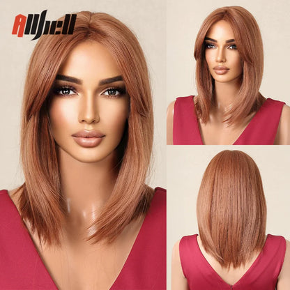 sengpan Short Brown Ombre Blonde Cosplay Wig Synthetic Straight Wigs for Black Women Heat Resistant Halloween Party Daily Natural Hair