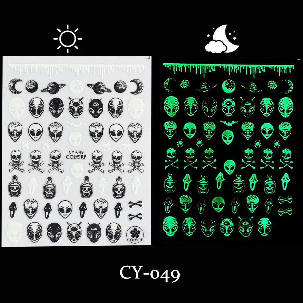 sengpan Luminous Nail Stickers Glow In Dark Halloween Nail Art Decoration Cartoon Skull Ghost Sliders Bones Spider Decal Tattoo GLYB-018