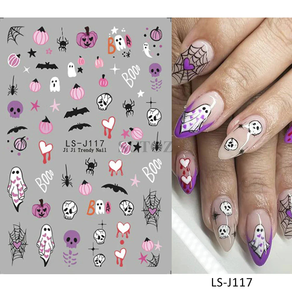 sengpan 5D Embossed Halloween Nail Stickers Skull Chams Spooky Flower Ghost Nail Decals Spider Web Skeleton Sliders for Manicure NTJI-5D