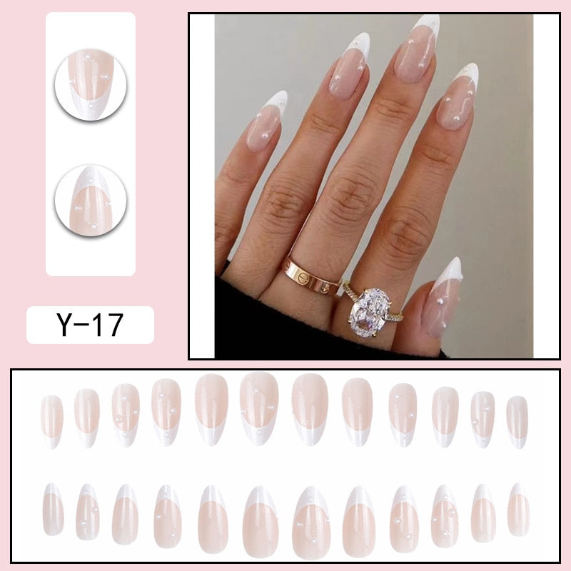 sengpan 24pcs French Point Diamond Fake Nails Wearing Artificial Square Head Press On Acrylic Nail Art Pearl Patch Almond False Nails