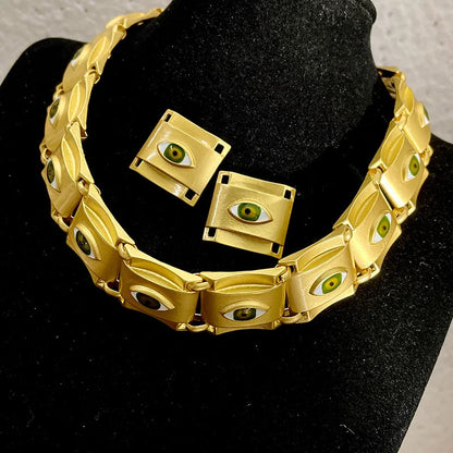 Lianfudai Matte Gold Color Square Eye Neckchain New Choker Collar Jewelry Set for Women Necklace Earrings