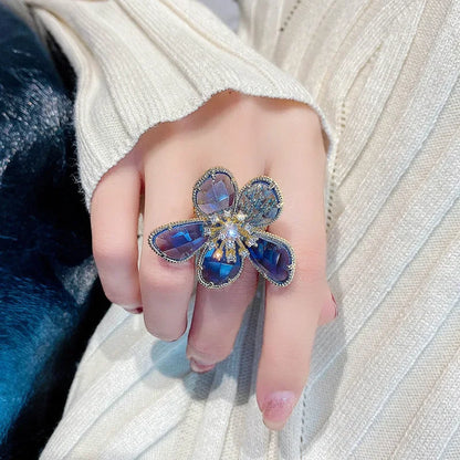 sengpan Exaggerate Crystal Flower Ring Fashion Open Index Finger Rings Trend Jewelry