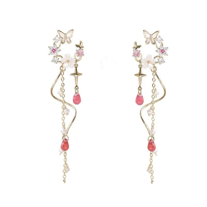 sengpan New Bow Knot Pink Crystal Tassel Earrings Women Sweet Gentle Temperament Exquisite Personality Light Luxury Earring Party Gift