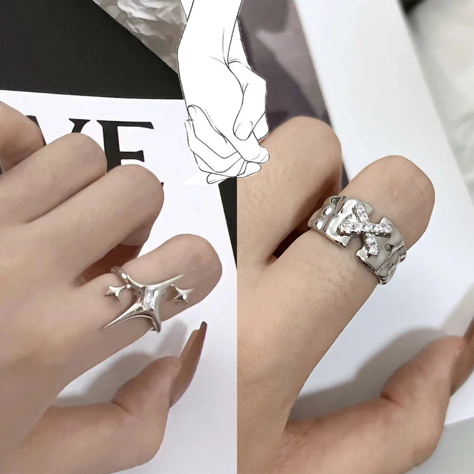 sengpan Lover Jewelry Couple Rings Fashion YK2 Star Cross Zircon Crystal Ring Women Men Punk Metal Opening Ring Best Friends Gift