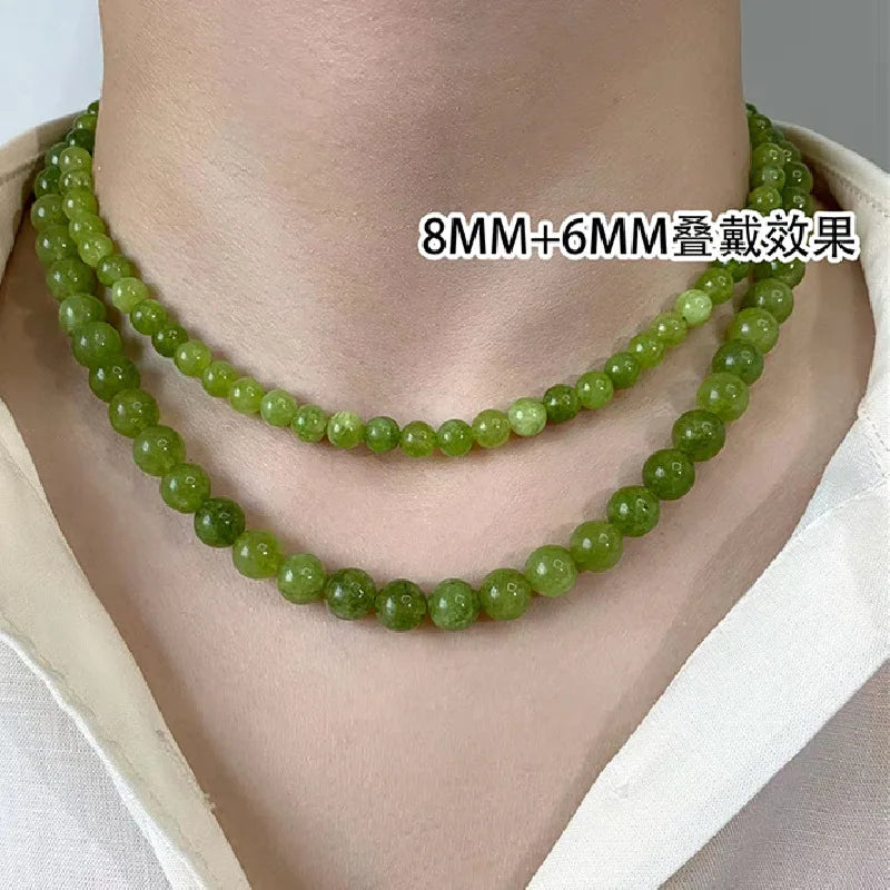 Lianfudai French Style Green Natural Stone Necklace for Female Summer Handmade Beaded New Chinese Style Neck Chain