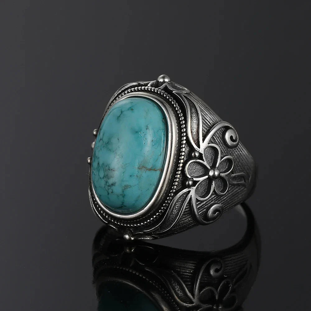 sengpan  Sterling Silver Jewelry Ring Natural 11X17MM Oval Turquoise Ring for Women Men Gift Retro Large Ring Wholesale