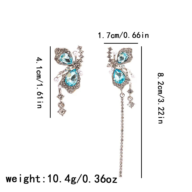 sengpan Romantic Crystal Butterfly Clip Earrings for Women Sparkling Zircon Long Tassels Asymmetric Exquisite Accessorie Fashion Jewelry