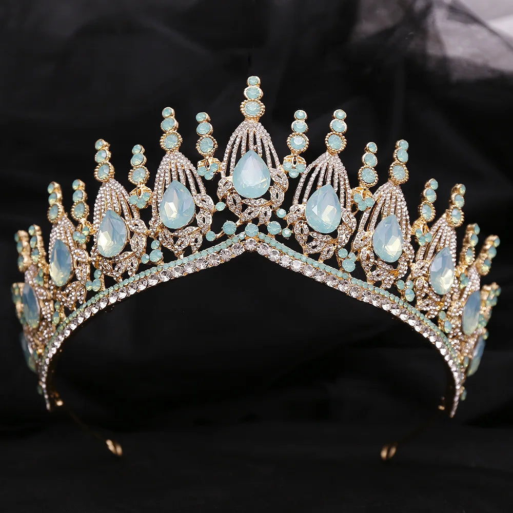 sengpan Luxury Green Opal Crystal Flower Water Drop Tiara Crown Women Wedding Party Elegant Bridal Bride Crown Hair Accessories