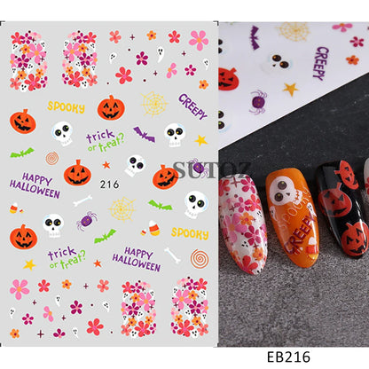 sengpan 5D Embossed Halloween Nail Stickers Skull Chams Spooky Flower Ghost Nail Decals Spider Web Skeleton Sliders for Manicure NTJI-5D