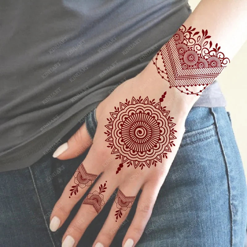 sengpan Maroon Henna Tattoo Stickers for Women Waterproof Temporary Tattoos  for Hand Flower Fake Tattoo for Wedding Festival Body Art