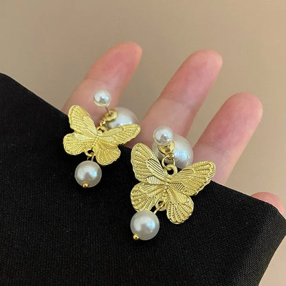 Lianfudai 2024 New Personality Pearl Butterfly Earrings Delicate Niche Design Advanced Sense Two Wear 925 Silver Needle Earrings