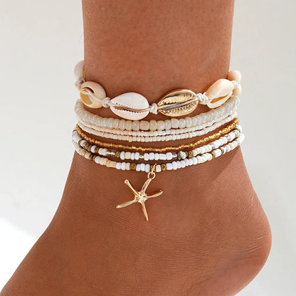 sengpan 7pc/set Bohemian Rice Beads Starfish Pendant Anklet Set Fashion Summer Beach Sea Shell Multilayer Ankle Bracelet On Foot Jewelry