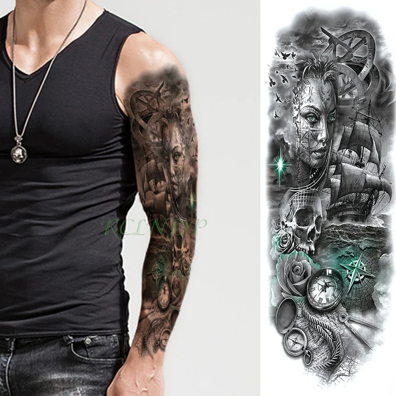 sengpan Waterproof Temporary Tattoo Sticker Anubis Ancient Egypt Greece Zeus Eye Full Arm Fake Tatto Flash Tatoo Sleeve for Men Women