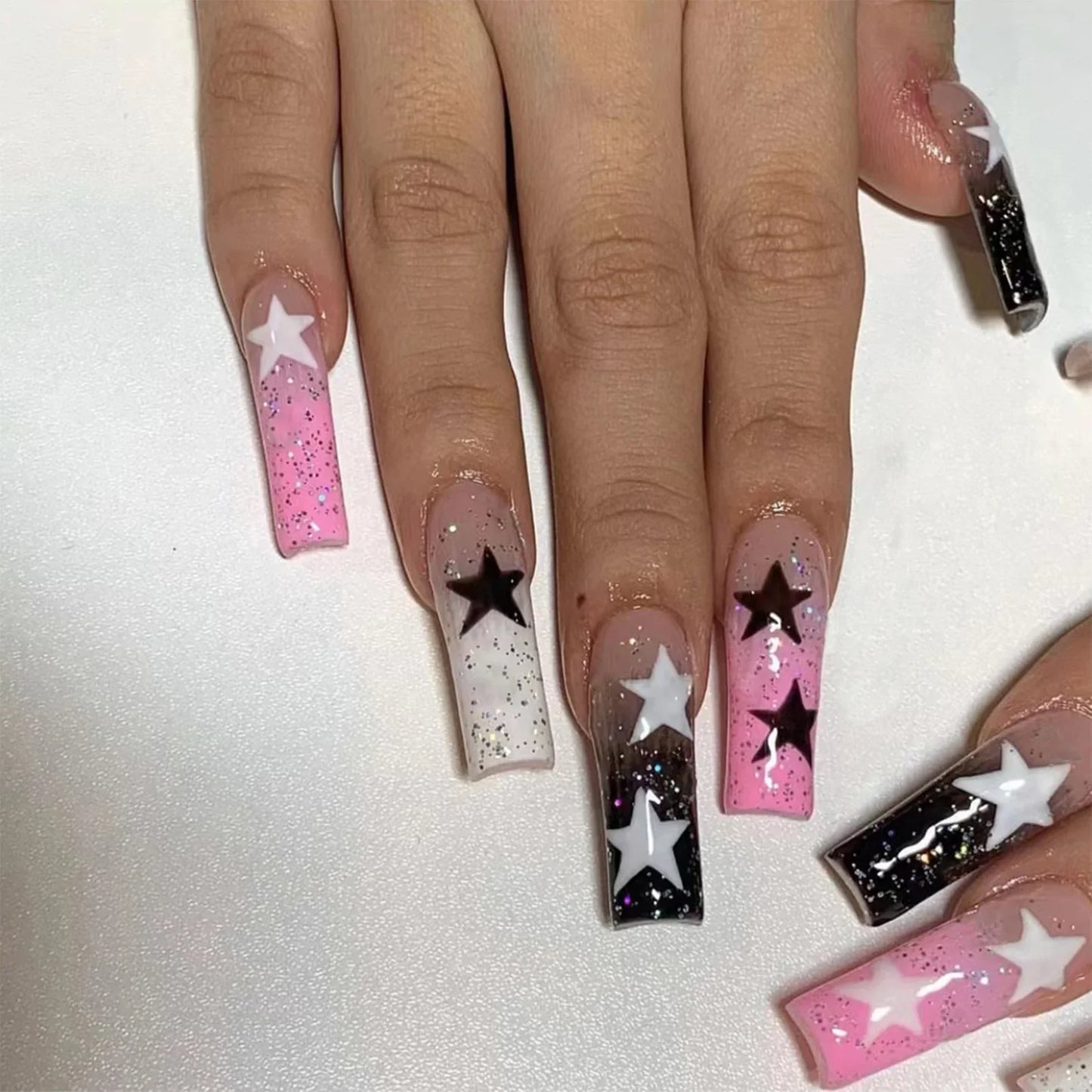 sengpan y2k Nails Five-pointed Star Pattern False Nails Halloween Style Long Coffin Ballet Press on Nails For Girl Full Cover Wearable