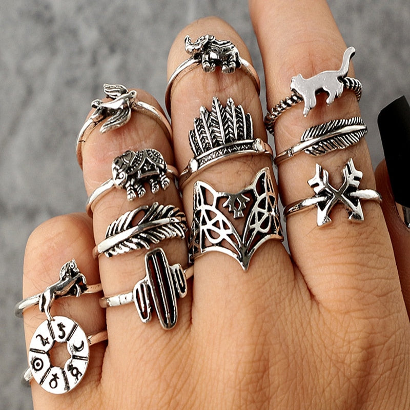 sengpan Bohemian Geometric Rings Sets Crystal Star Moon Flower Butterfly Constellation Knuckle Finger Ring Set For Women Fashion Jewelry