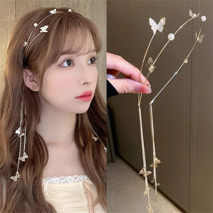 Lianfudai Butterfly Hairbands for Women Rhinestone Crystal Long Tassel Chain Headband Simulated Pearl Headwear Hair Accessories 2024 New