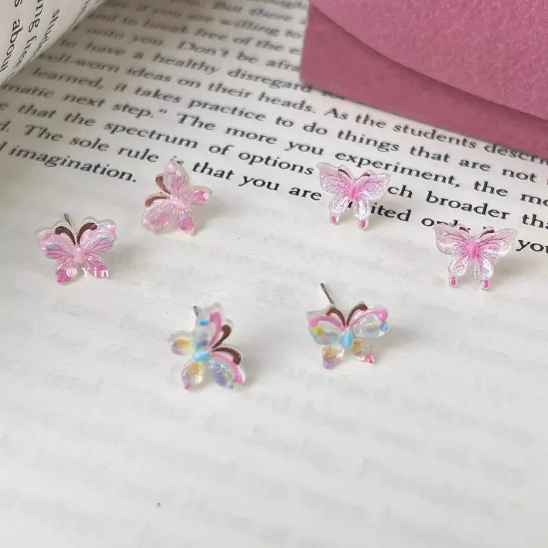 sengpan 6pcs/Set Y2k Butterfly Stud Earrings for Women Girl Korean Acrylic Color Shiny Butterfly Earrings Set Sweet Trendy Jewelry Gift