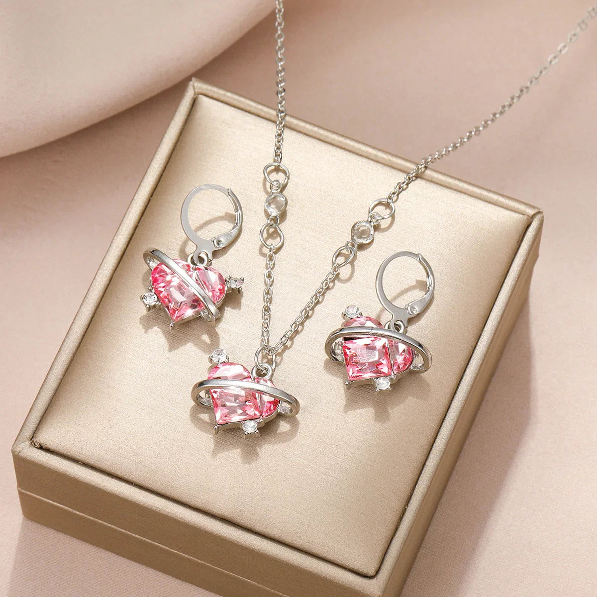 sengpan New Fashion Earrings Necklaces Set for Women Heart-shaped Zircon Pink Crystal Pendant Necklace Women's Jewelry Exquisite Gifts