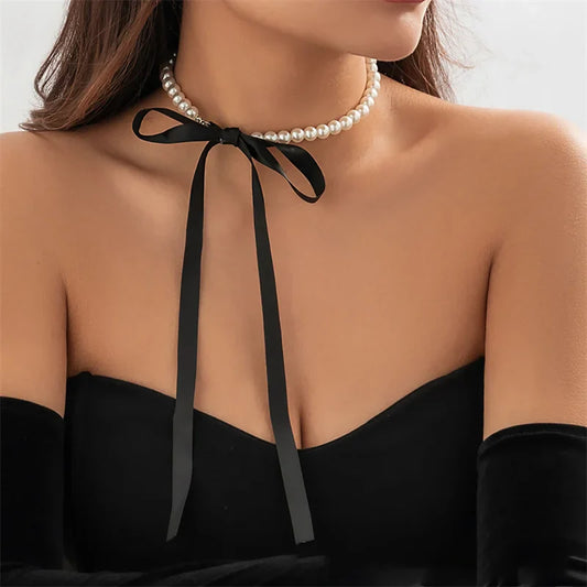 sengpan Korean Romantic Imitation Pearl Beaded Choker Fashion Black Velvet Adjustable Bow Necklace Banquet Wedding Jewelry