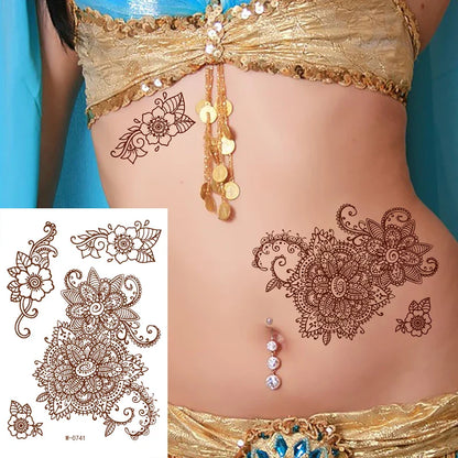 sengpan Brown Henna Temporary Tattoos for Women Henna Design Stickers for Hand Neck Body Art for Wedding Flora Hena Tattoo Waterproof