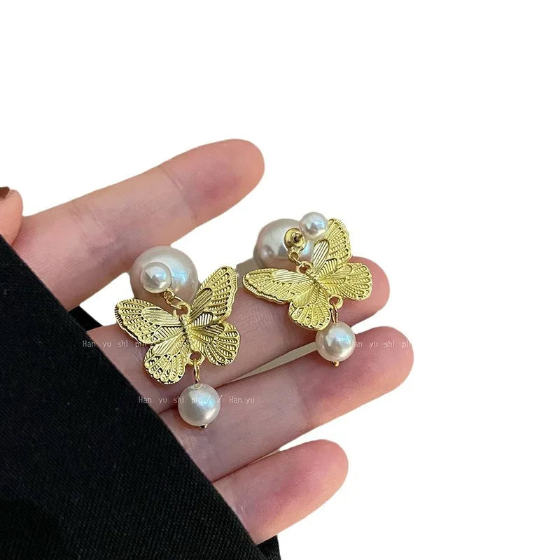 Lianfudai 2024 New Personality Pearl Butterfly Earrings Delicate Niche Design Advanced Sense Two Wear 925 Silver Needle Earrings