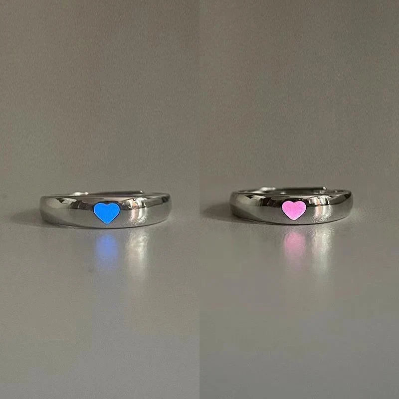 sengpan Luminous Love Heart Finger Ring Glow In Dark Fashion Adjustable Couples Rings Silver Color Pink Blue Light Jewelry Lover Gift