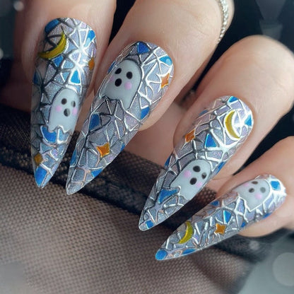 sengpan current nail trends 2023   24Pcs Halloween Long Stiletto False Nails Almond Fake Nails with Ghost Design Press on Nails Wearable Full Cover Manicure Tips