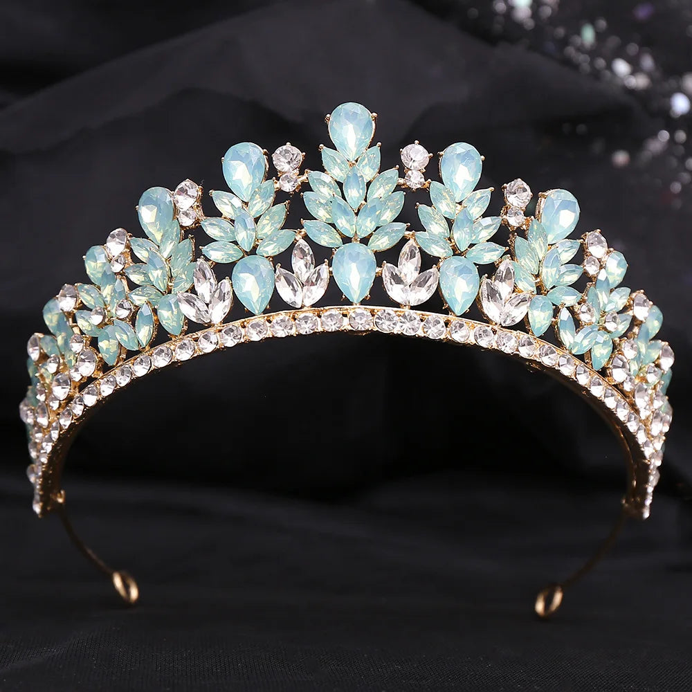 sengpan Luxury Green Opal Crystal Flower Water Drop Tiara Crown Women Wedding Party Elegant Bridal Bride Crown Hair Accessories