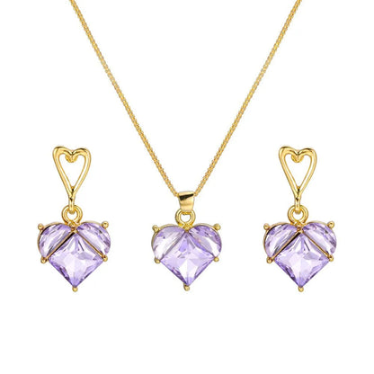 sengpan New Fashion Earrings Necklaces Set for Women Heart-shaped Zircon Pink Crystal Pendant Necklace Women's Jewelry Exquisite Gifts